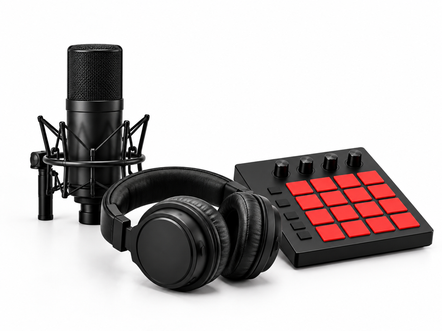 Micrófono, audífonos y controlador para producción musical