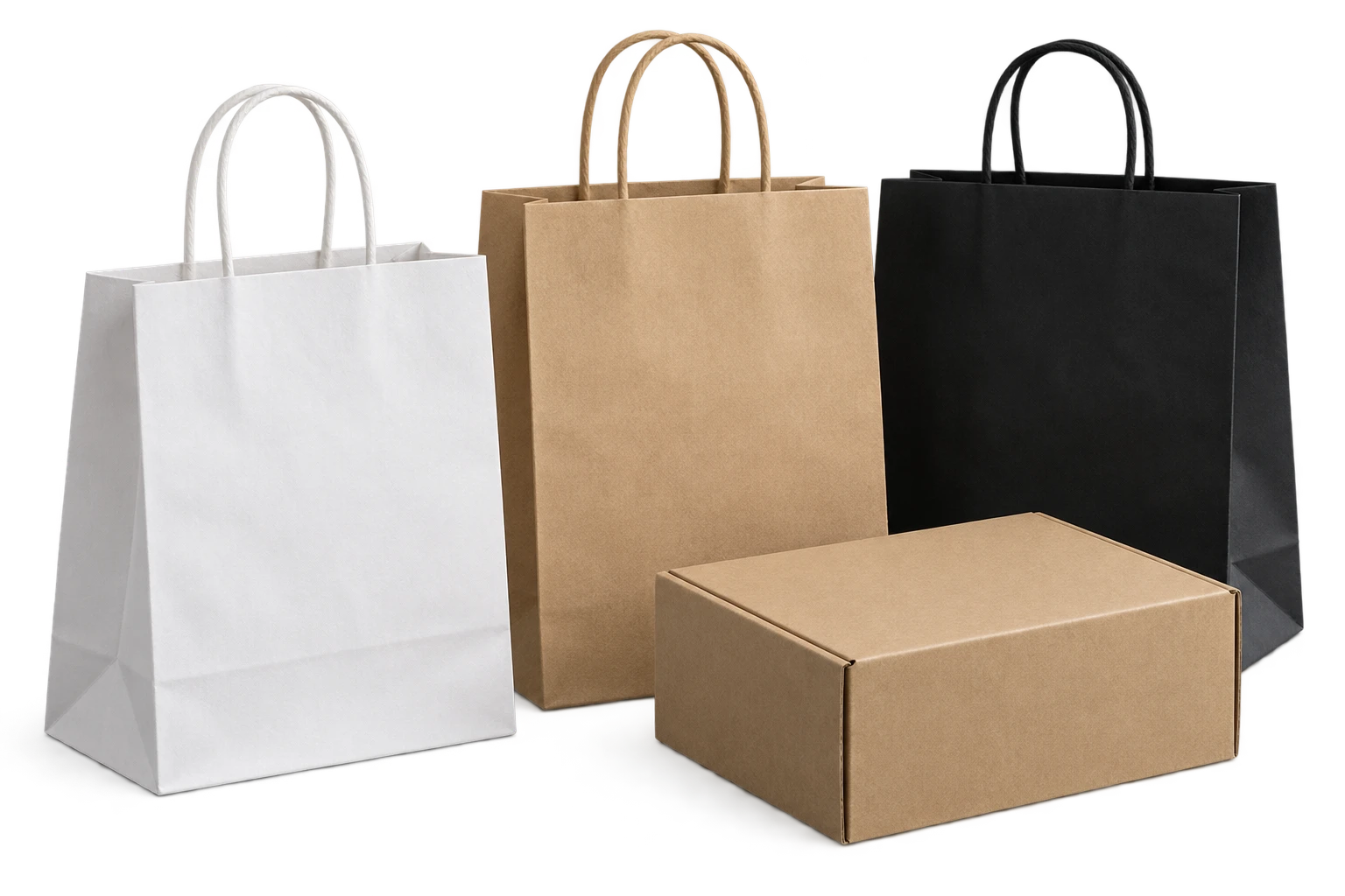 Fundas de papel blanca, kraft y negra con caja kraft, sin impresión