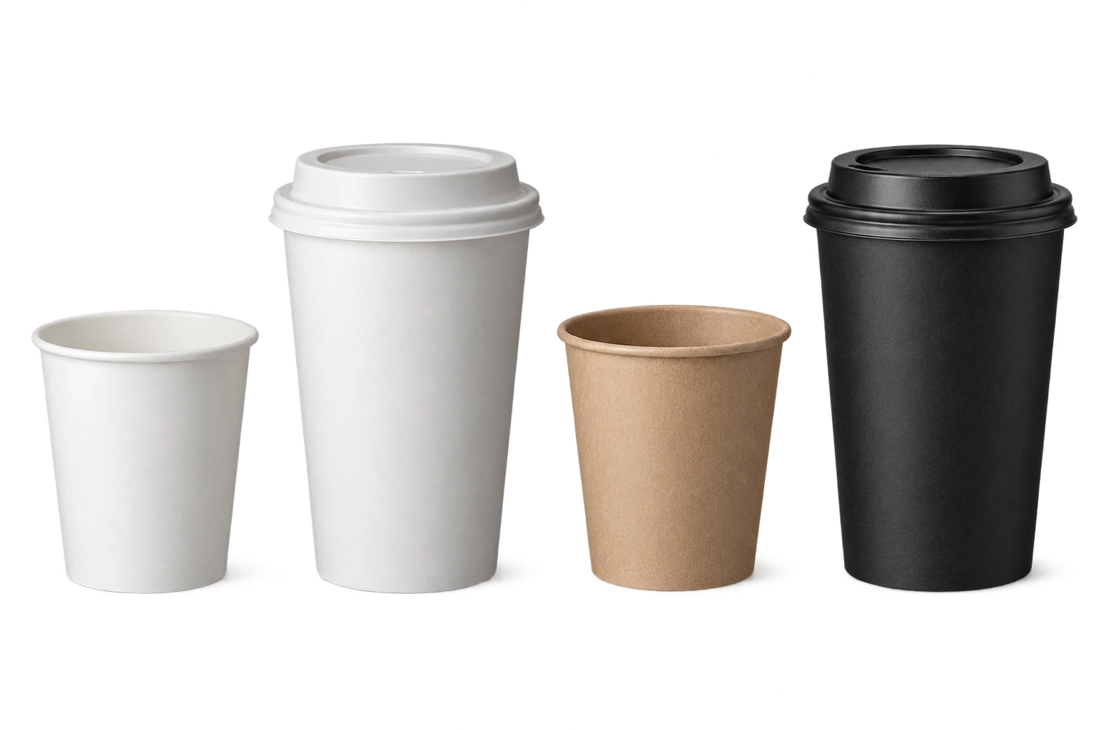 Cuatro vasos de papel blancos, kraft y negro, con y sin tapa