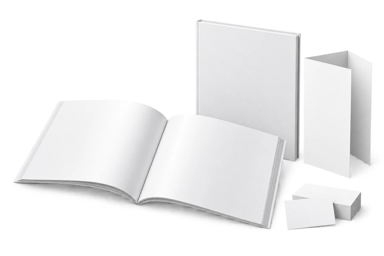 Catálogo abierto, menú, libro blanco y tarjetas sin impresión