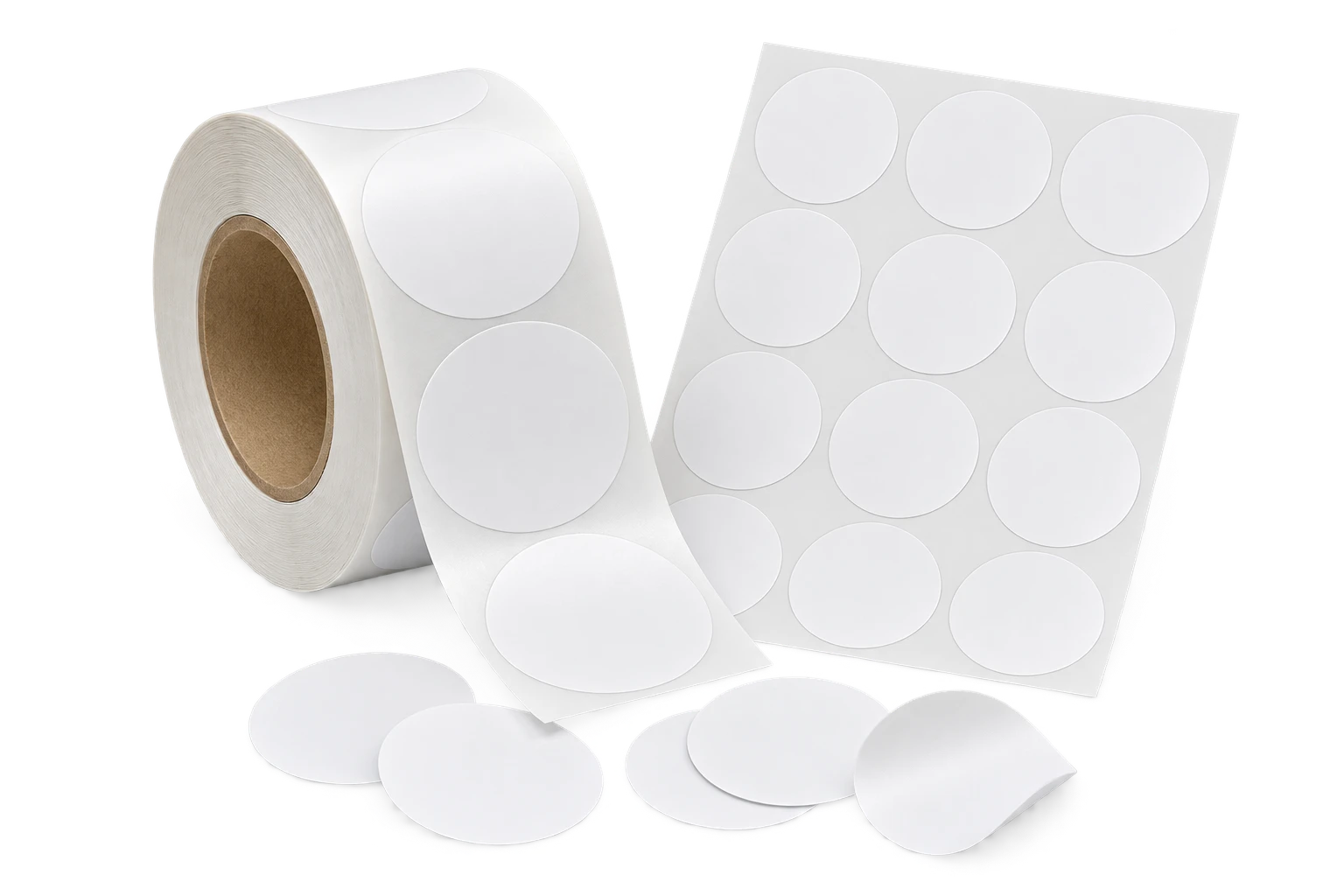 Stickers circulares blancos y etiquetas sin impresión en rollo y pliego