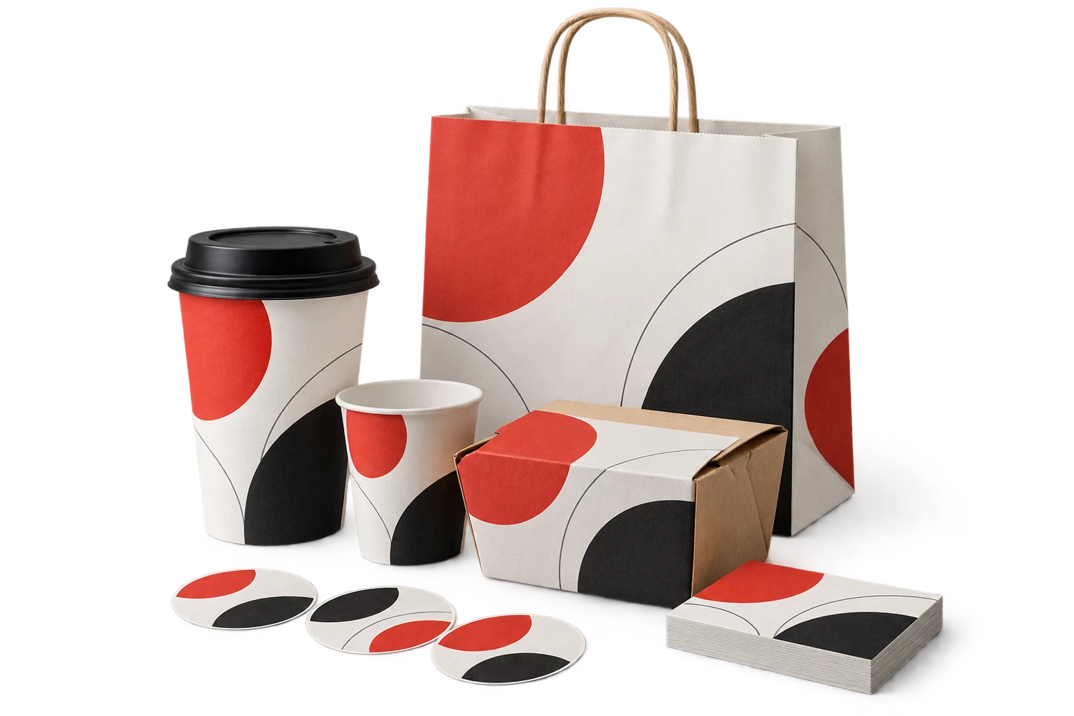 Fundas, vasos, caja y piezas gráficas terminadas.