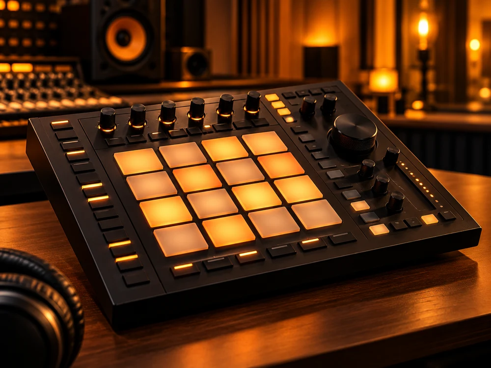 Controlador MIDI con pads iluminados en un estudio
