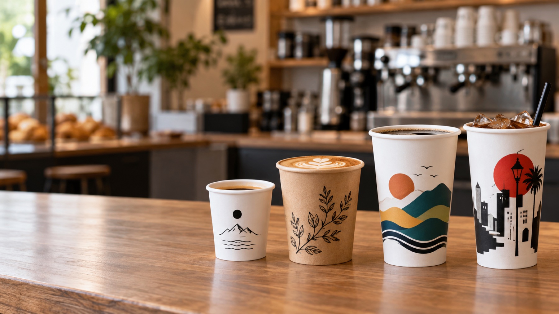 Cuatro vasos de papel de pared simple personalizados en diferentes tamaños sobre una barra de cafetería